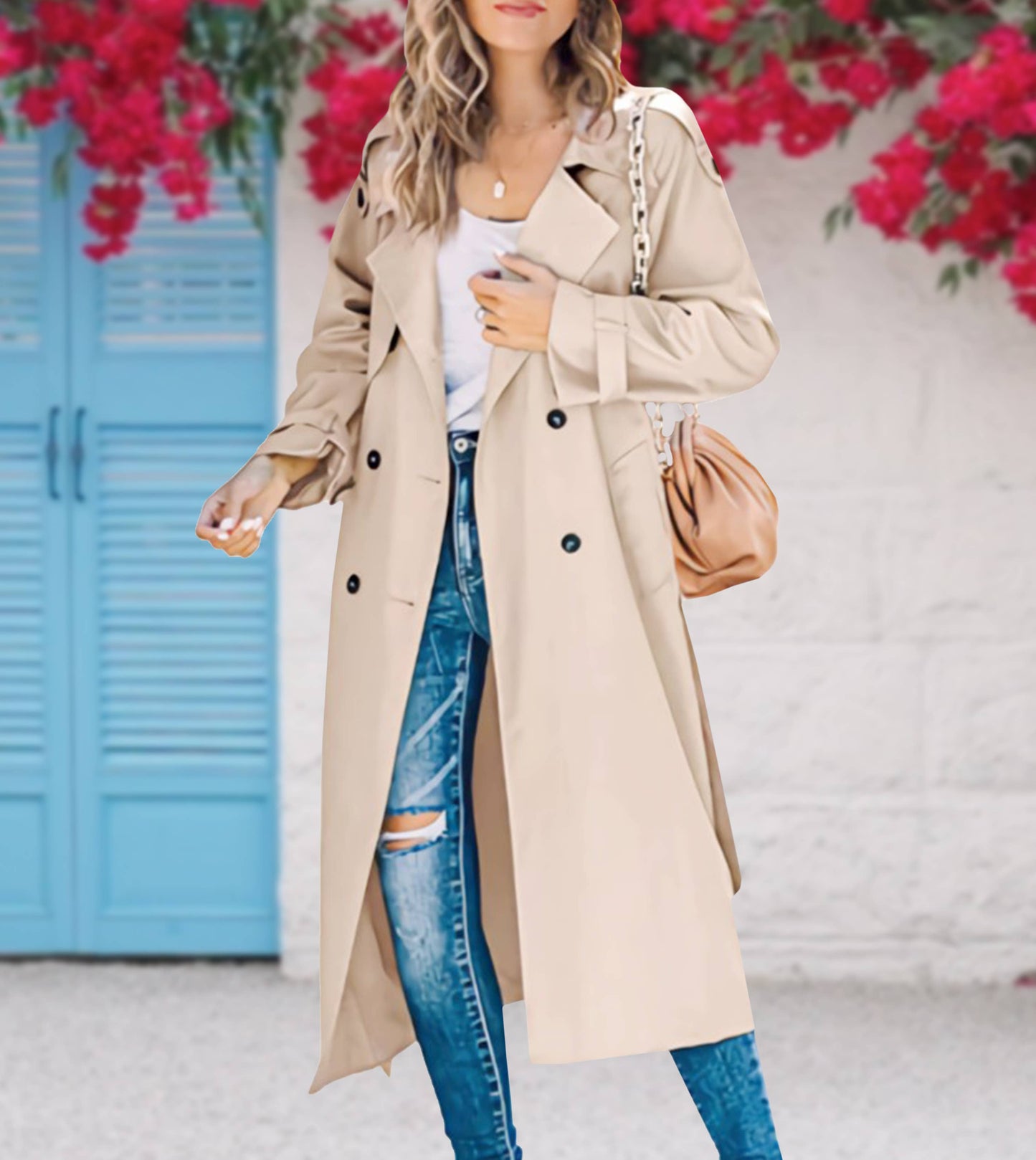 Long Lapel Double-Breasted Panels Trench Coat