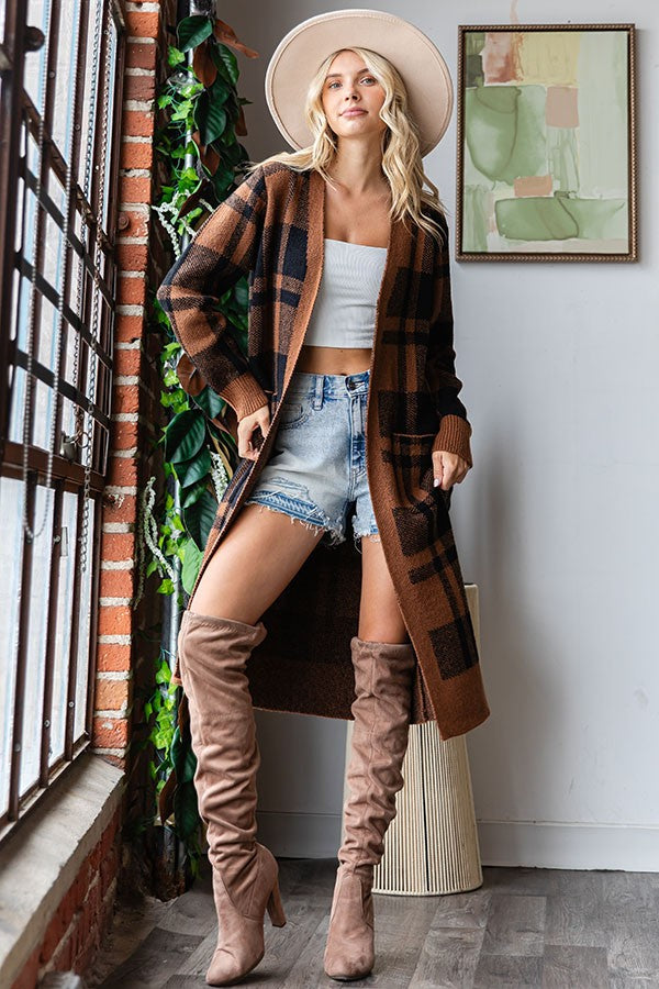 Plaid Pattern Pocket Open Long Knit Cardigan