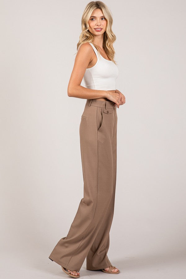 Twill Button Tab Wide Leg Full Trousers