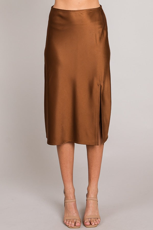 Satin Front Slit Midi Skirt