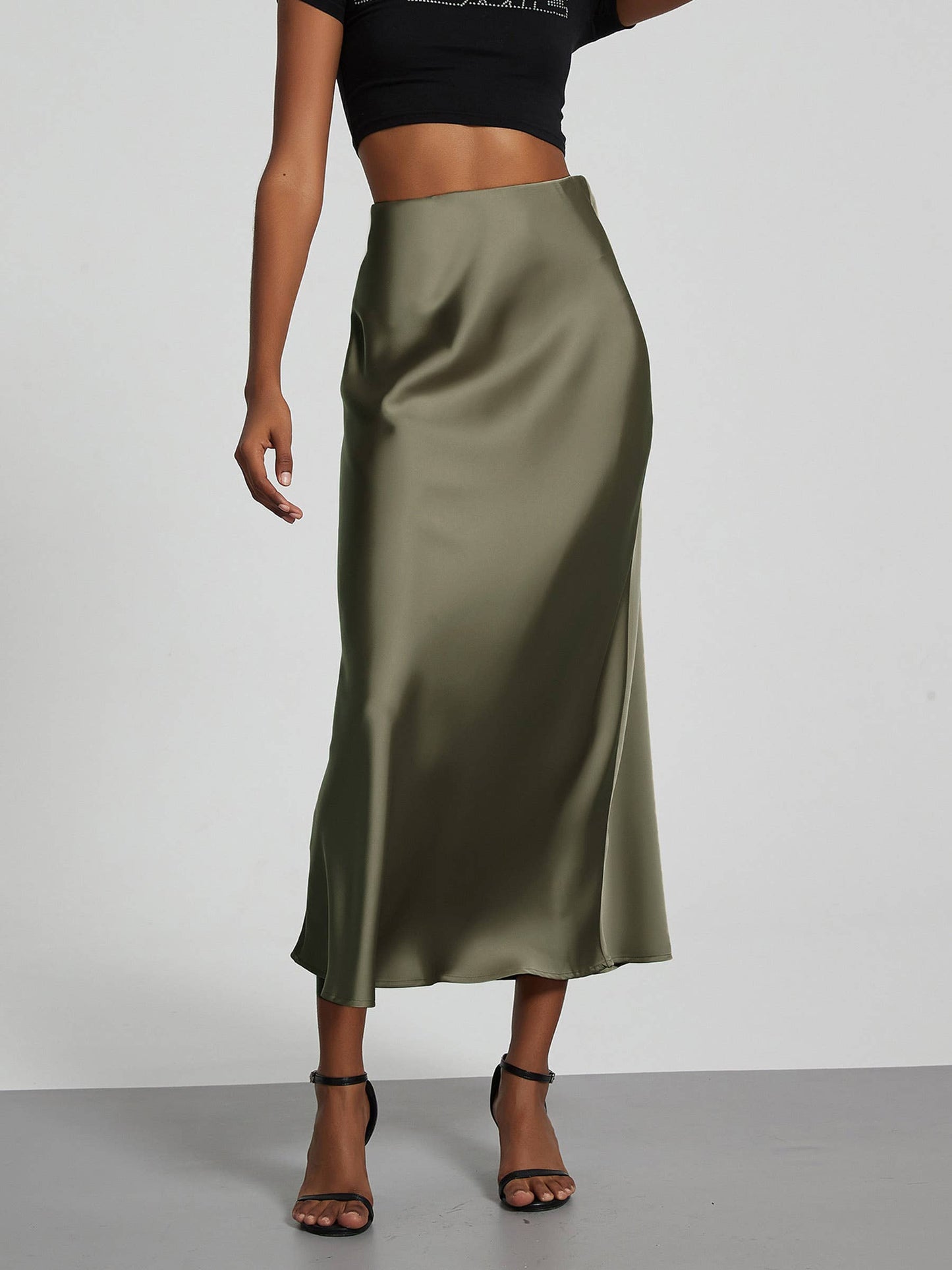 Solid Color Glossy Mid Length Skirt
