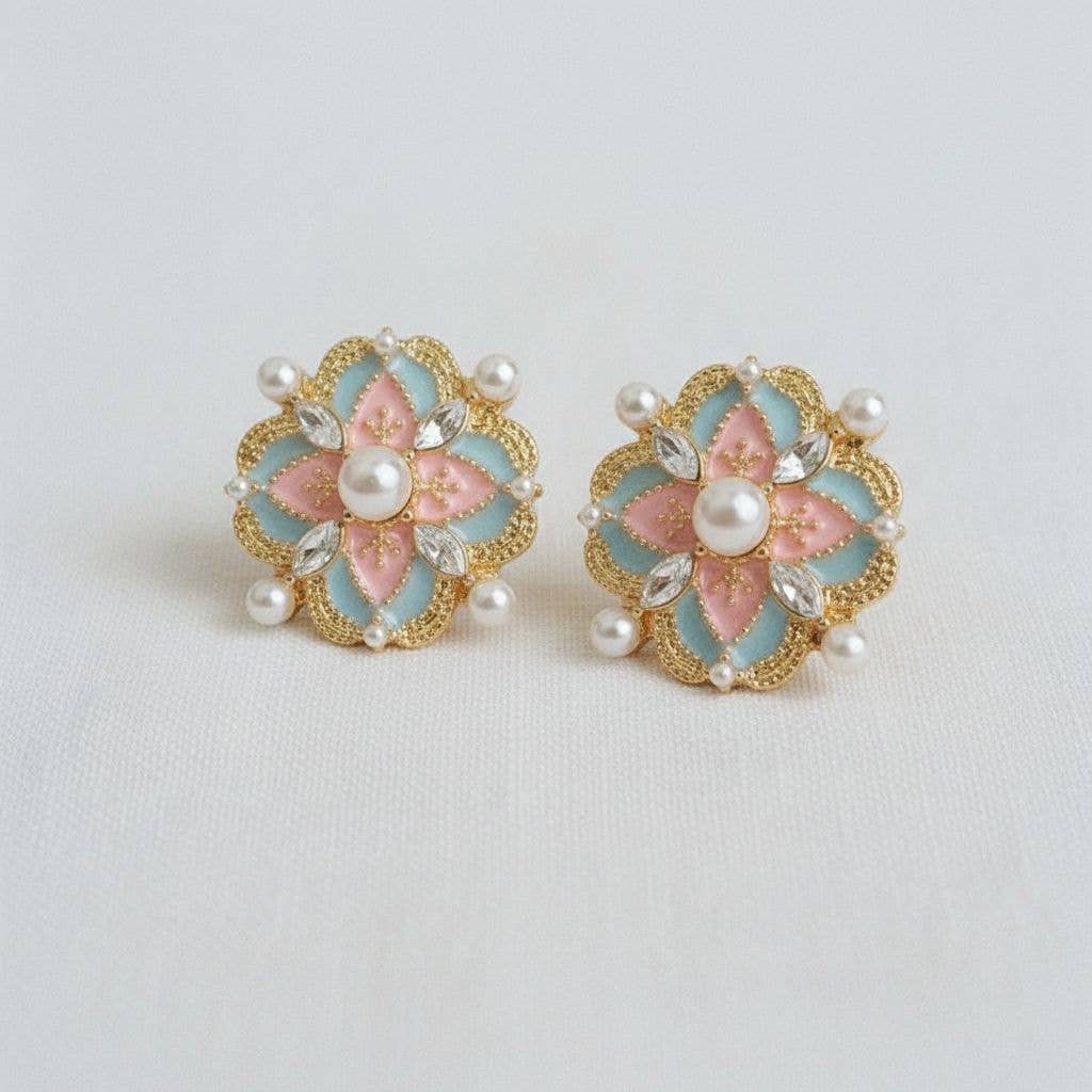 Vintage Palace Style Enamel Pearl Stud Earrings