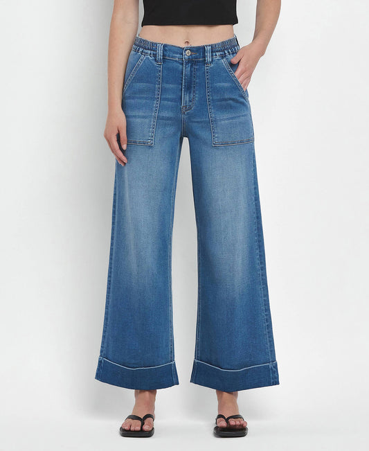 HIGH RISE DOUBLE CUFFED BAGGY WIDE JEANS