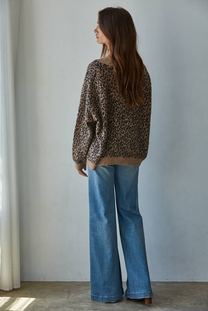 Knit Sweater V-Neck Animal Print Cardigan
