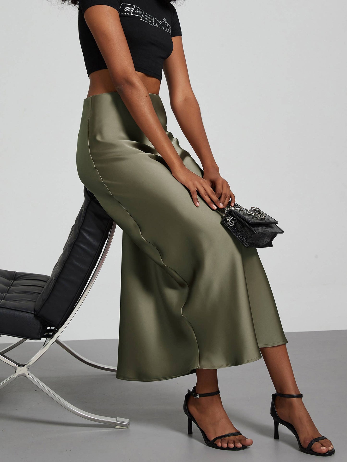 Solid Color Glossy Mid Length Skirt