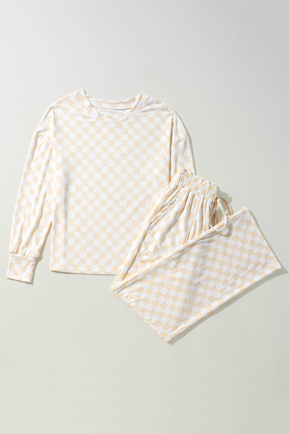Checkered Print Long Sleeve Top and Pants Lounge Set