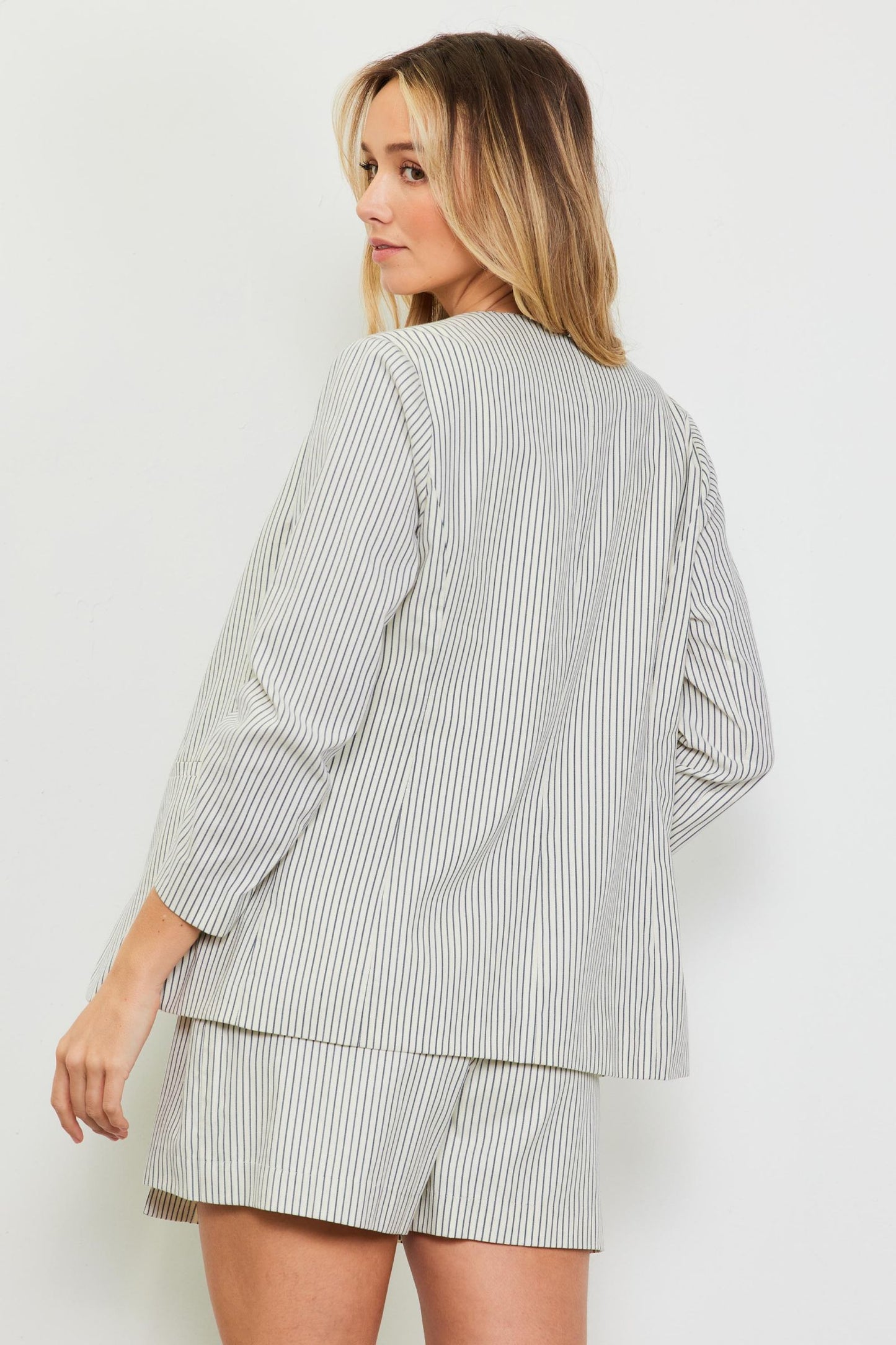 Pinstripe Shirred Sleeve Blazer