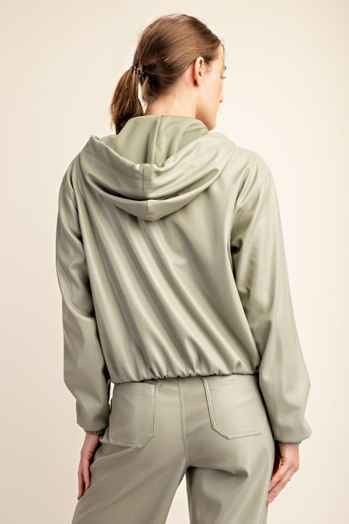 PU LEATHER CROPPED HOODIE JACKET