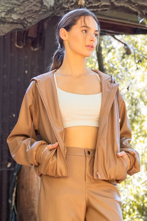 PU LEATHER CROPPED HOODIE JACKET