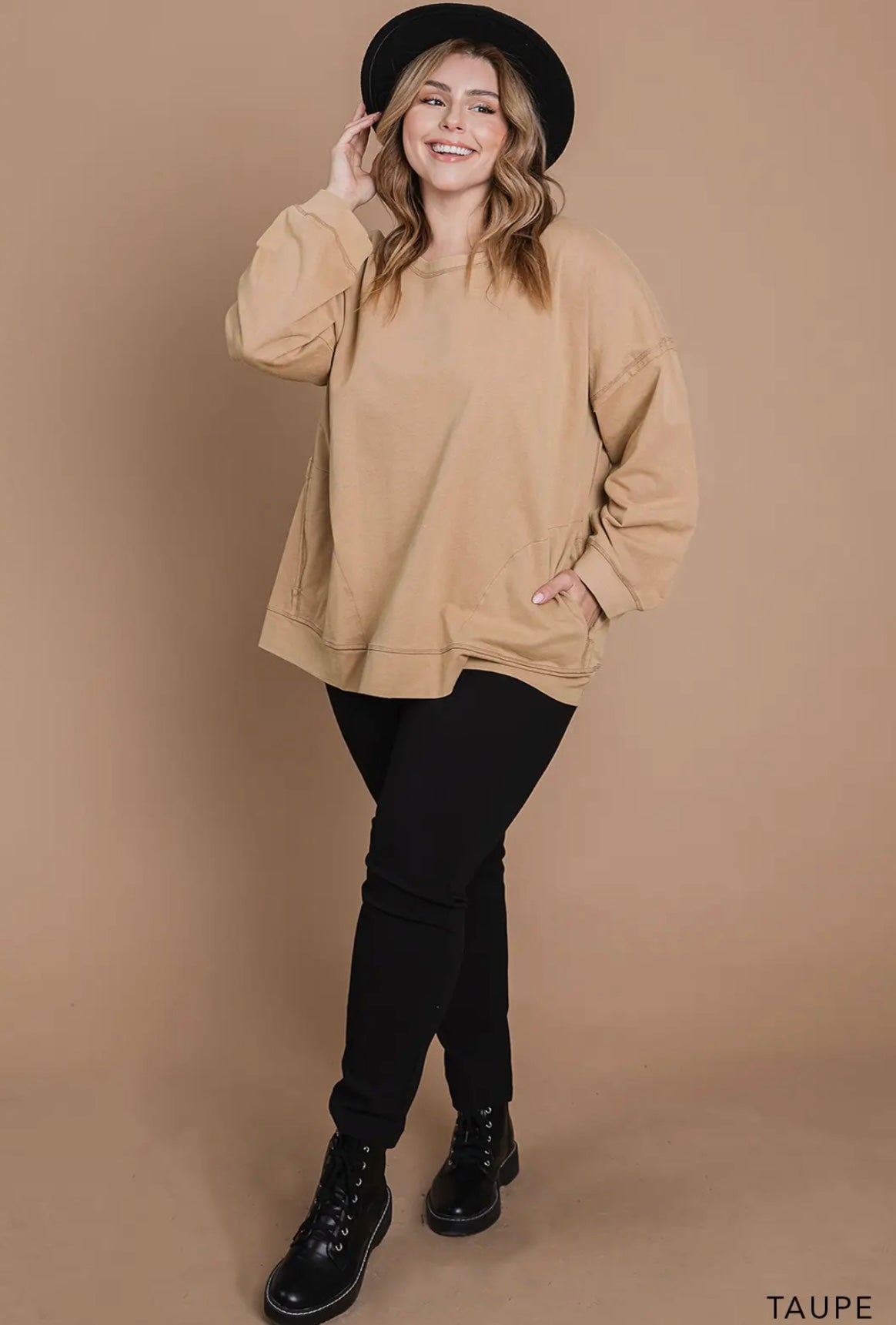 Curvy Vintage Washed Knit Top Taupe