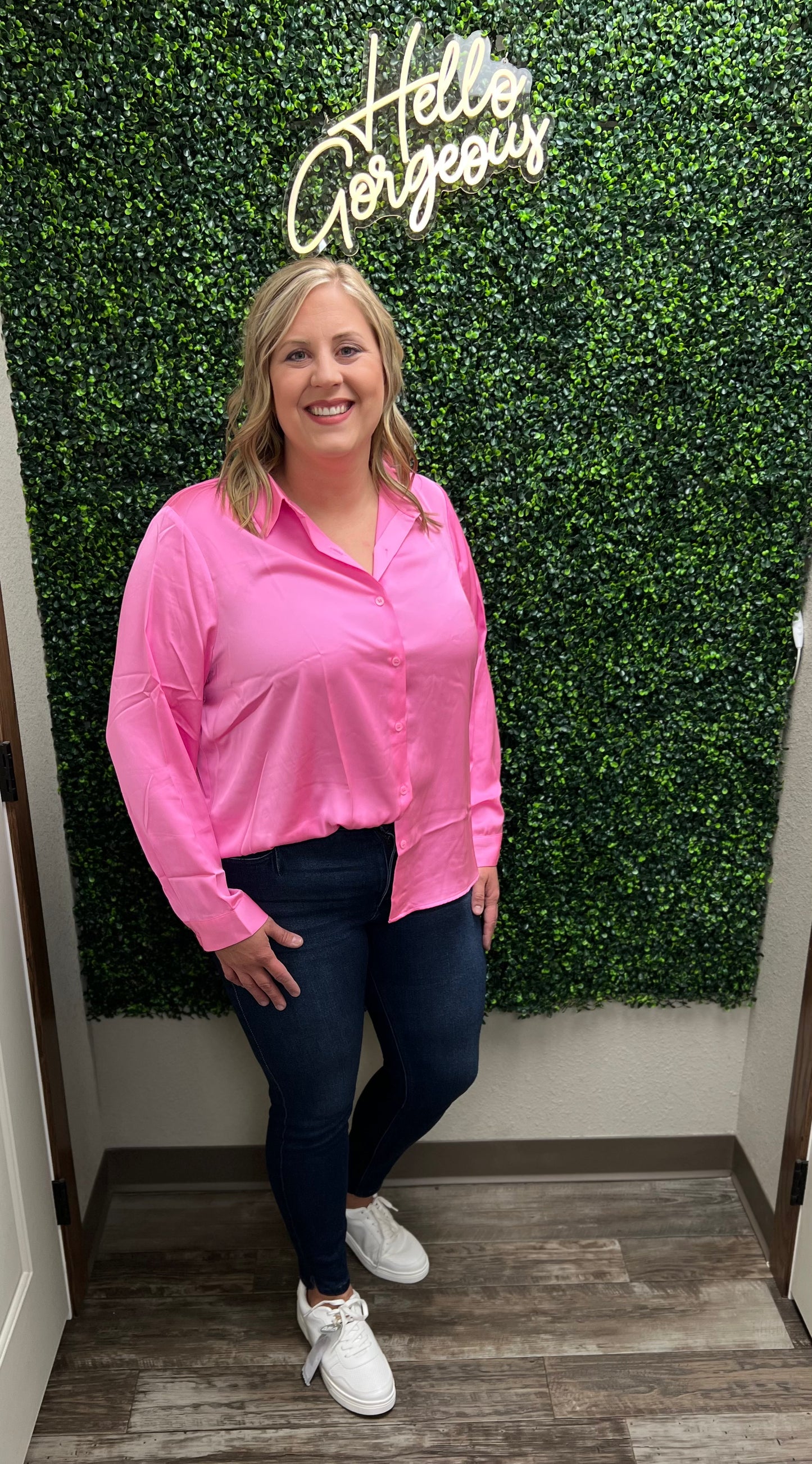 Plus Size Classic Silk Button Down Ballerina Pink