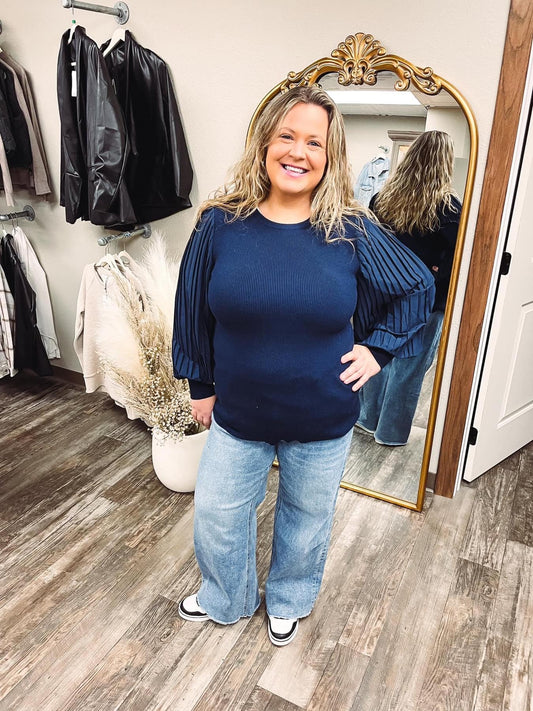 Plus Size Pleated Knit Top Navy