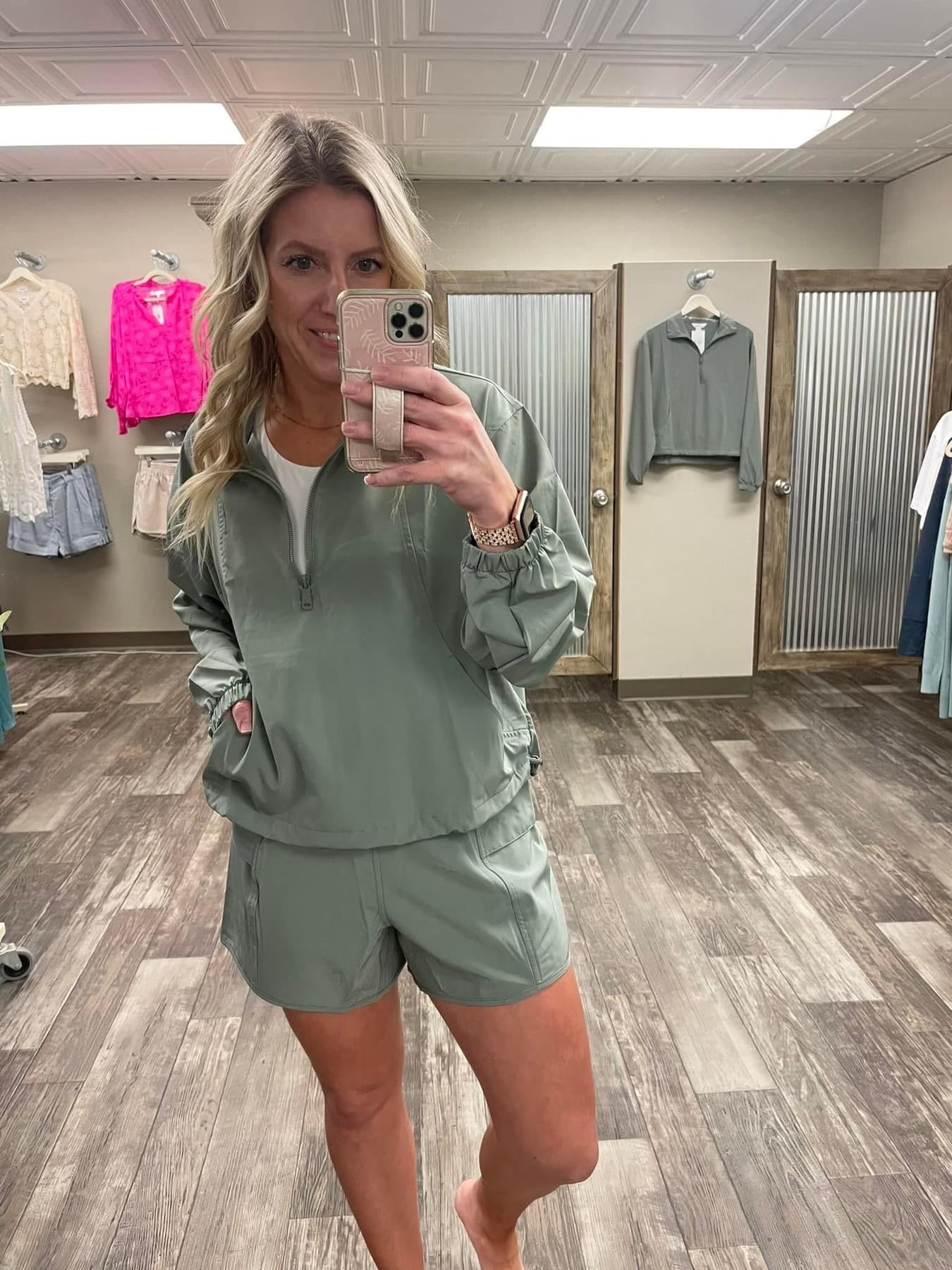 Heavy Poly Stretch Woven Quarter Zip Top with Collar