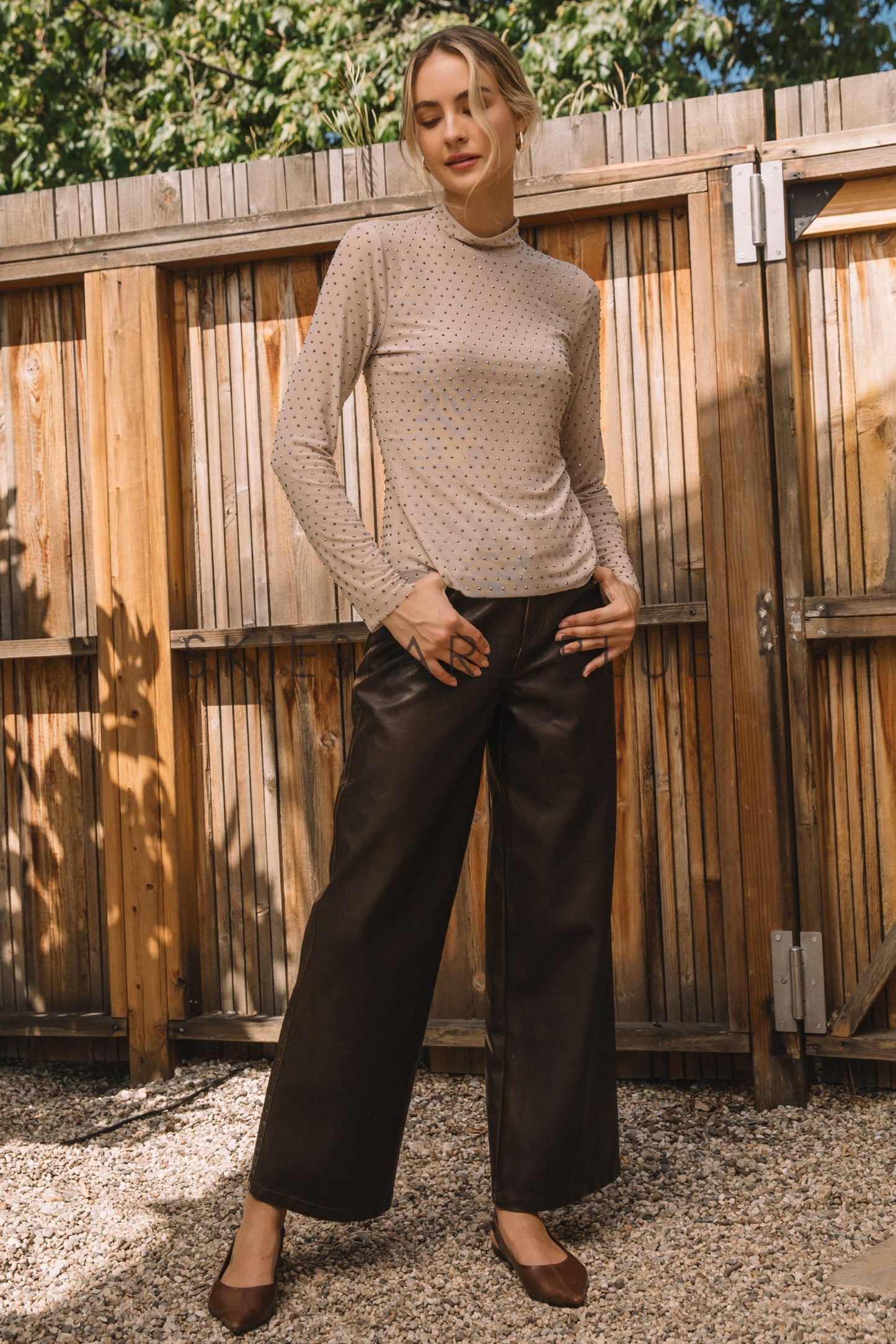 Embellished Mesh Mock Neck Top