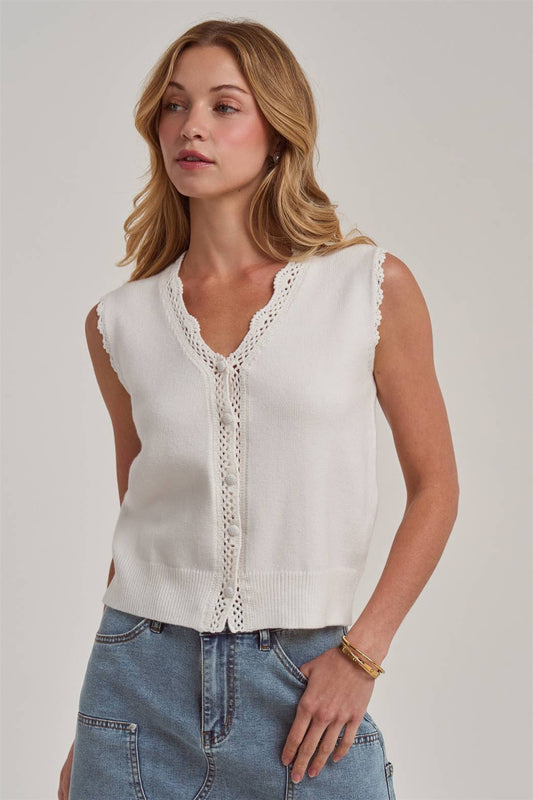 LACE TRIMMED BUTTON FRONT SLEEVELESS SWEATER VEST TOP