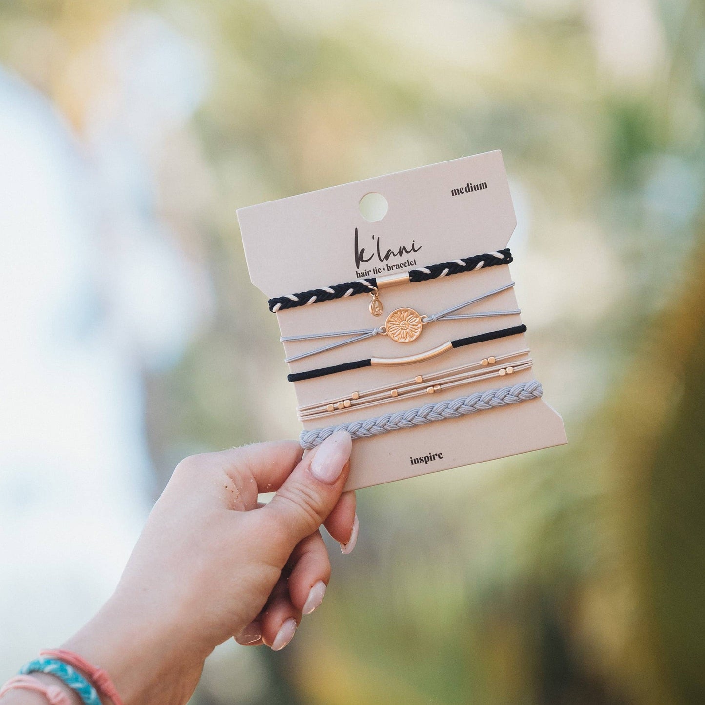 "Inspire" Grey and Black with Gold Flower Accent Hair Tie Bracelets