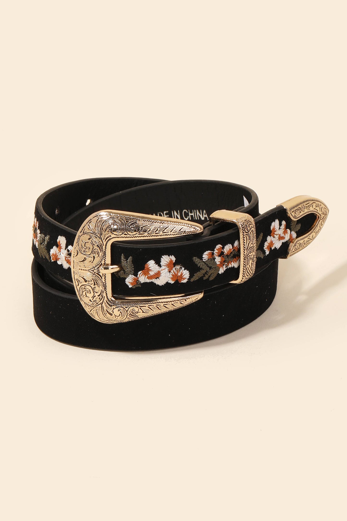 Flower Embroidered Etch Buckle Belt