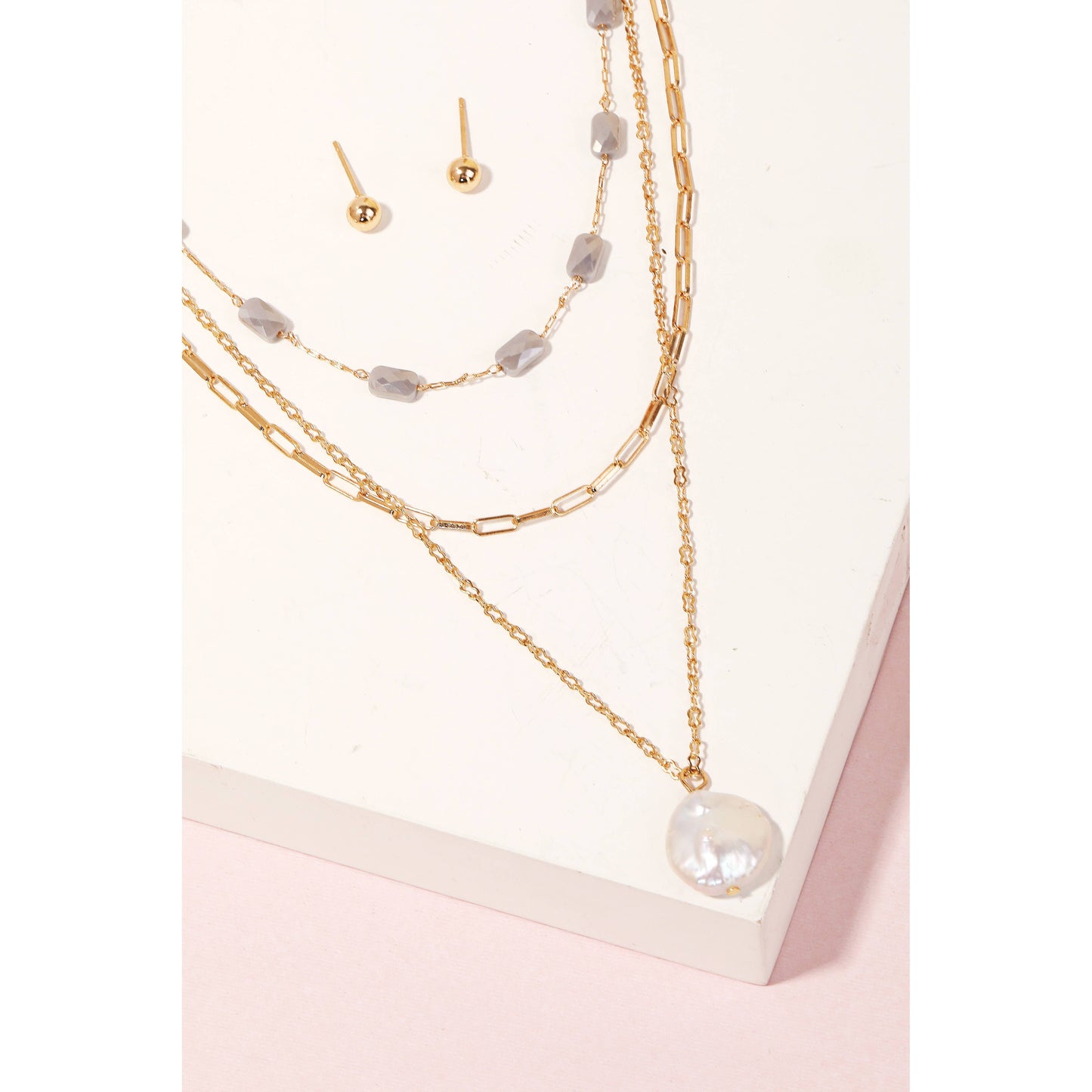 Pearly Disc Layered Chain Necklace Set
