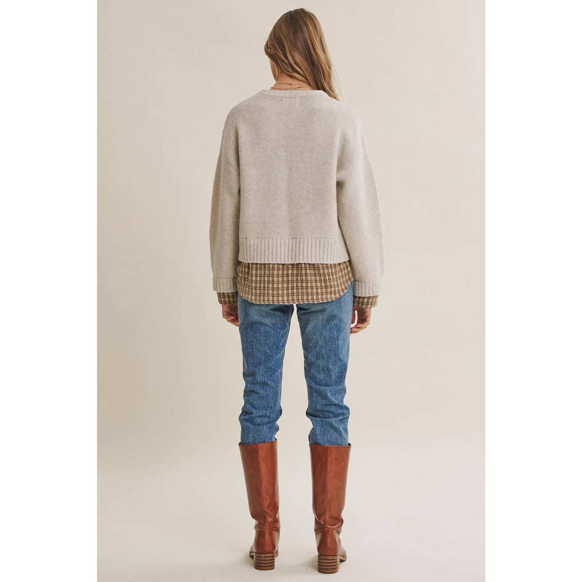 COUNTRY ROAD LAYERED PLAID HEM SWEATER TOP