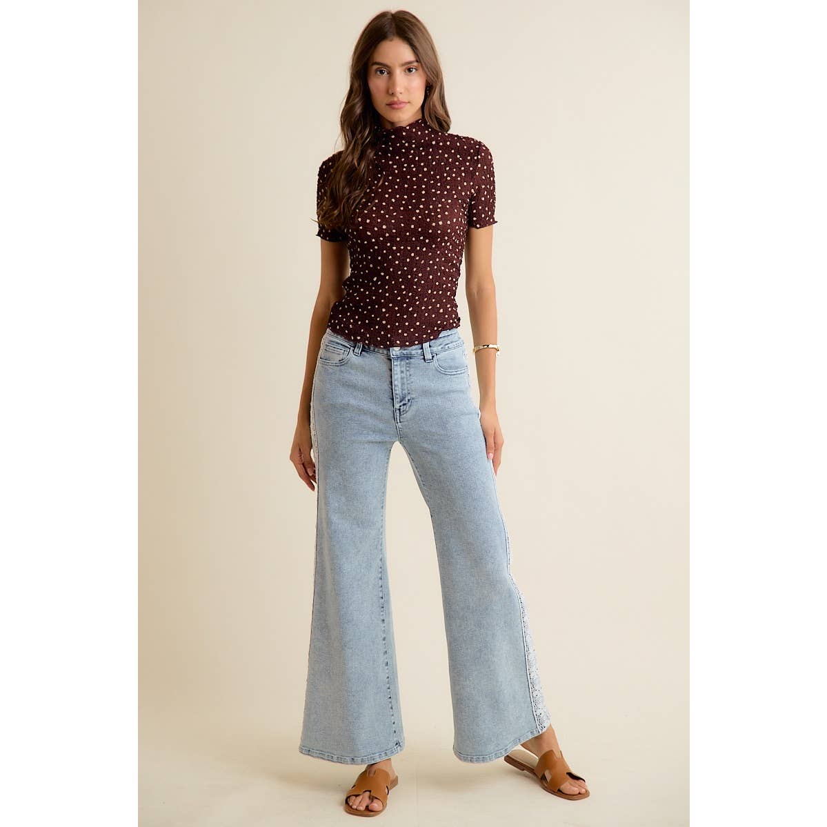 WIDE LEG FLARE DENIM JEANS WITH SIDE LACE TRIM