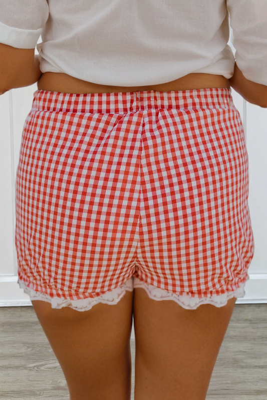 Gingham Plaid Tie Lace Patchwork Hem Shorts