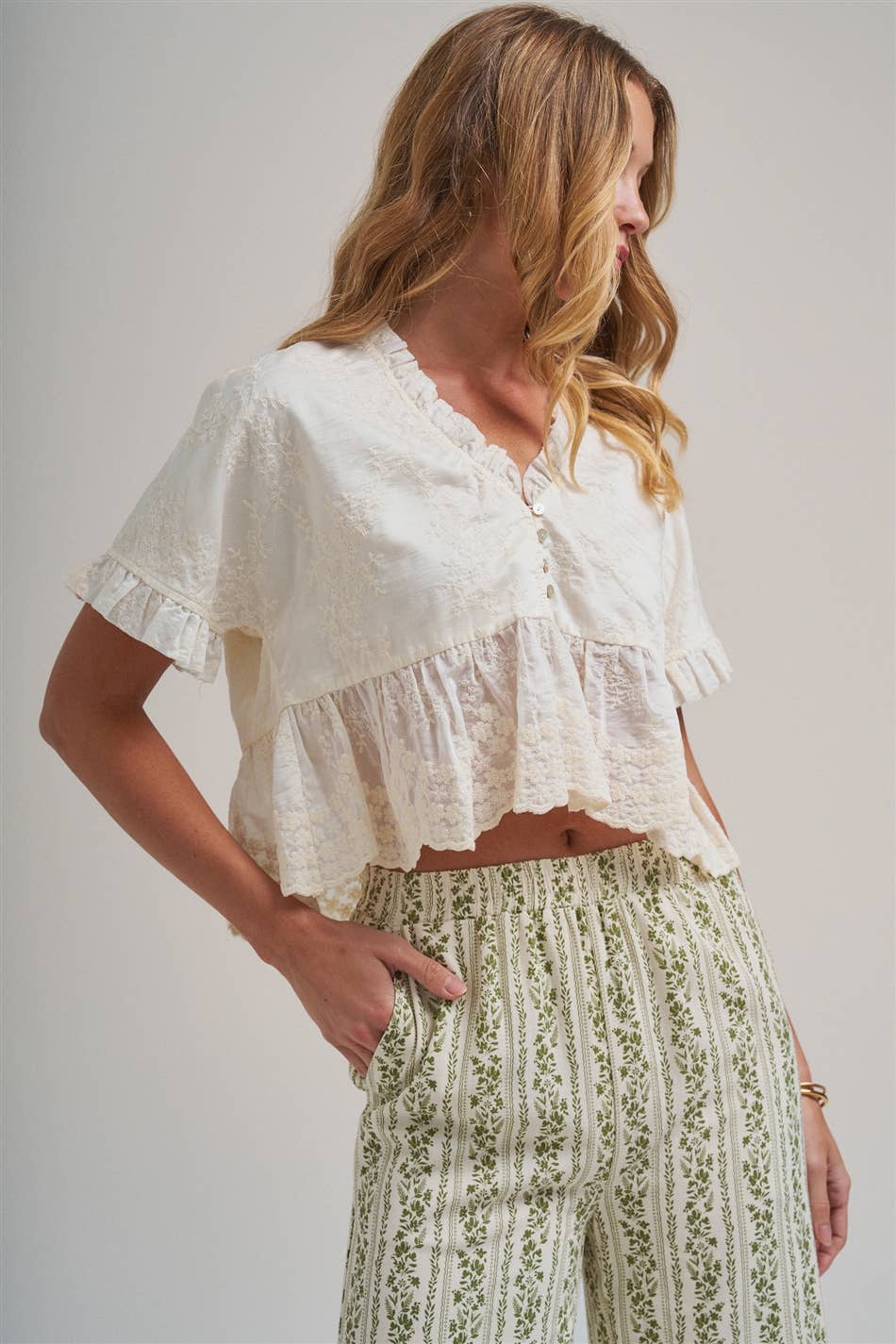EMBROIDERED LACE PEPLUM BOHO BLOUSE TOP WITH RUFFLE DETAIL
