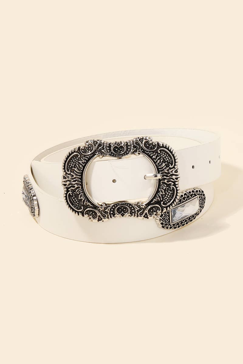 Embroidered Buckle Vegan Leather Belt