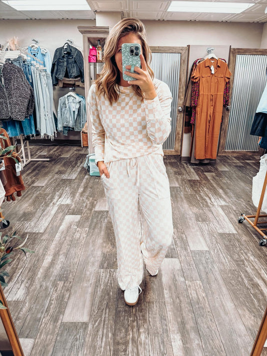 Checkered Print Long Sleeve Top and Pants Lounge Set
