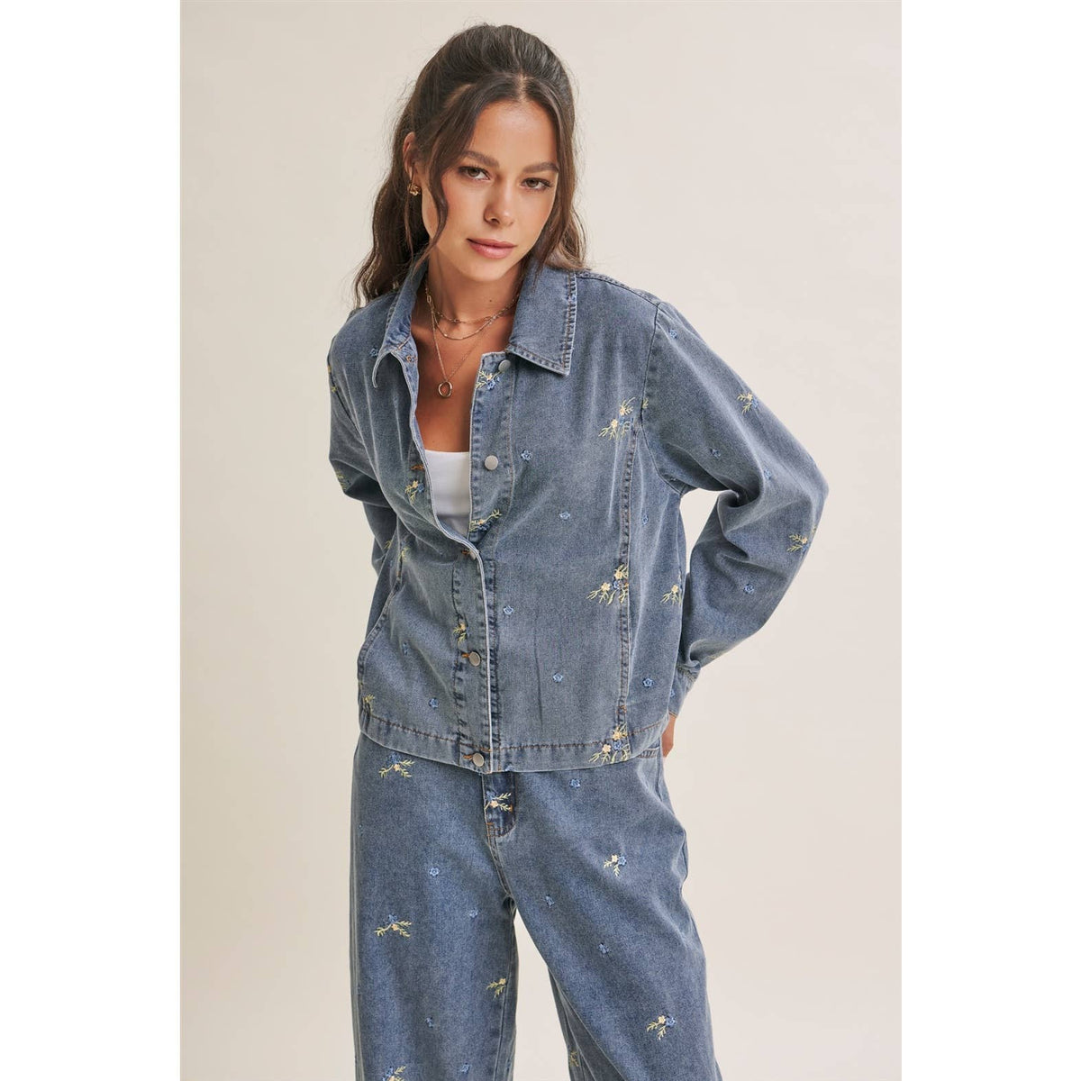 SUNDAY WILDFLOWERS EASY FIT EMBROIDERED DENIM JACKET