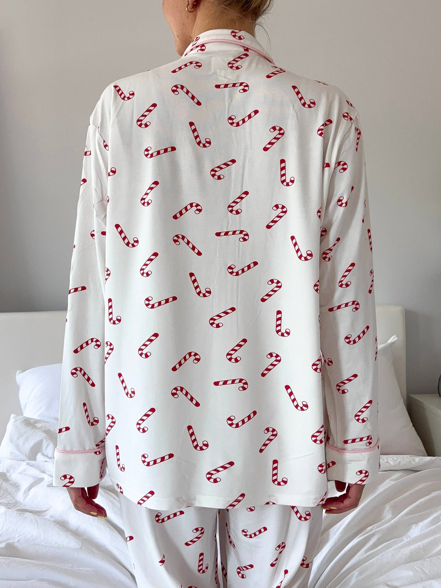 Candy Cane Holiday Christmas Long Sleeve Button Up Pajama Top