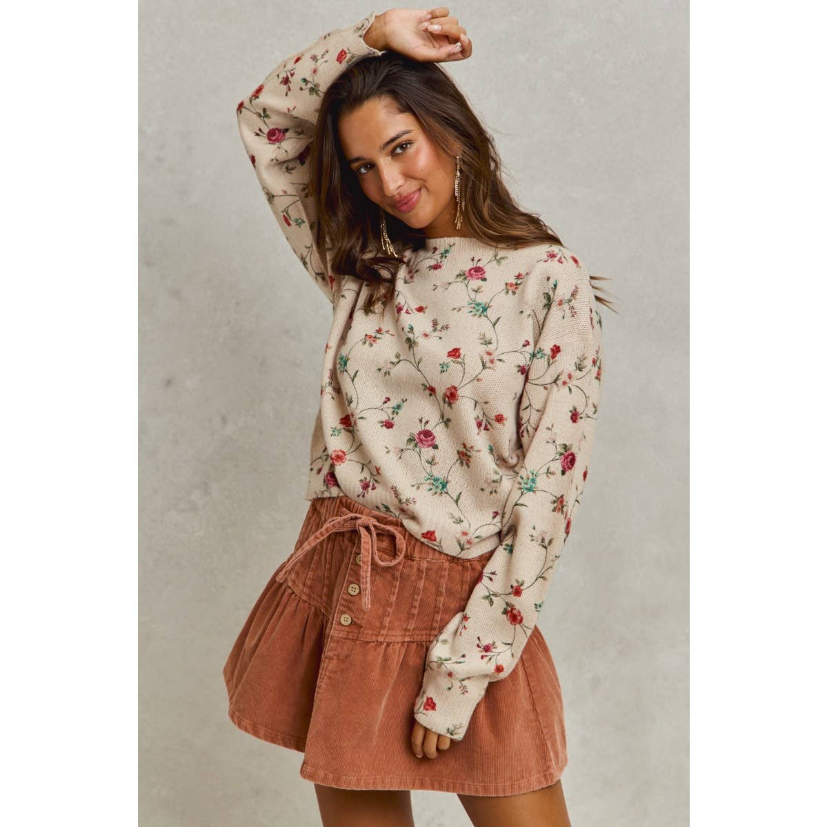 FLORAL PRINT CREWNECK SWEATER KNIT TOP