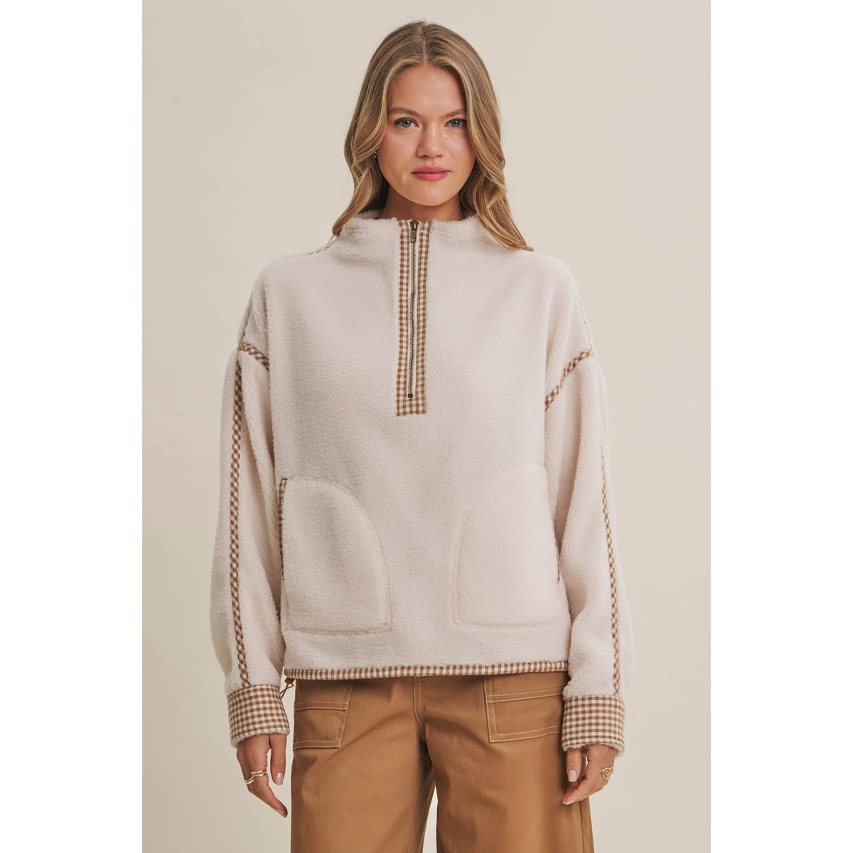 GINGHAM TRIM SHERPA FLEECE HALF-ZIP PULLOVER