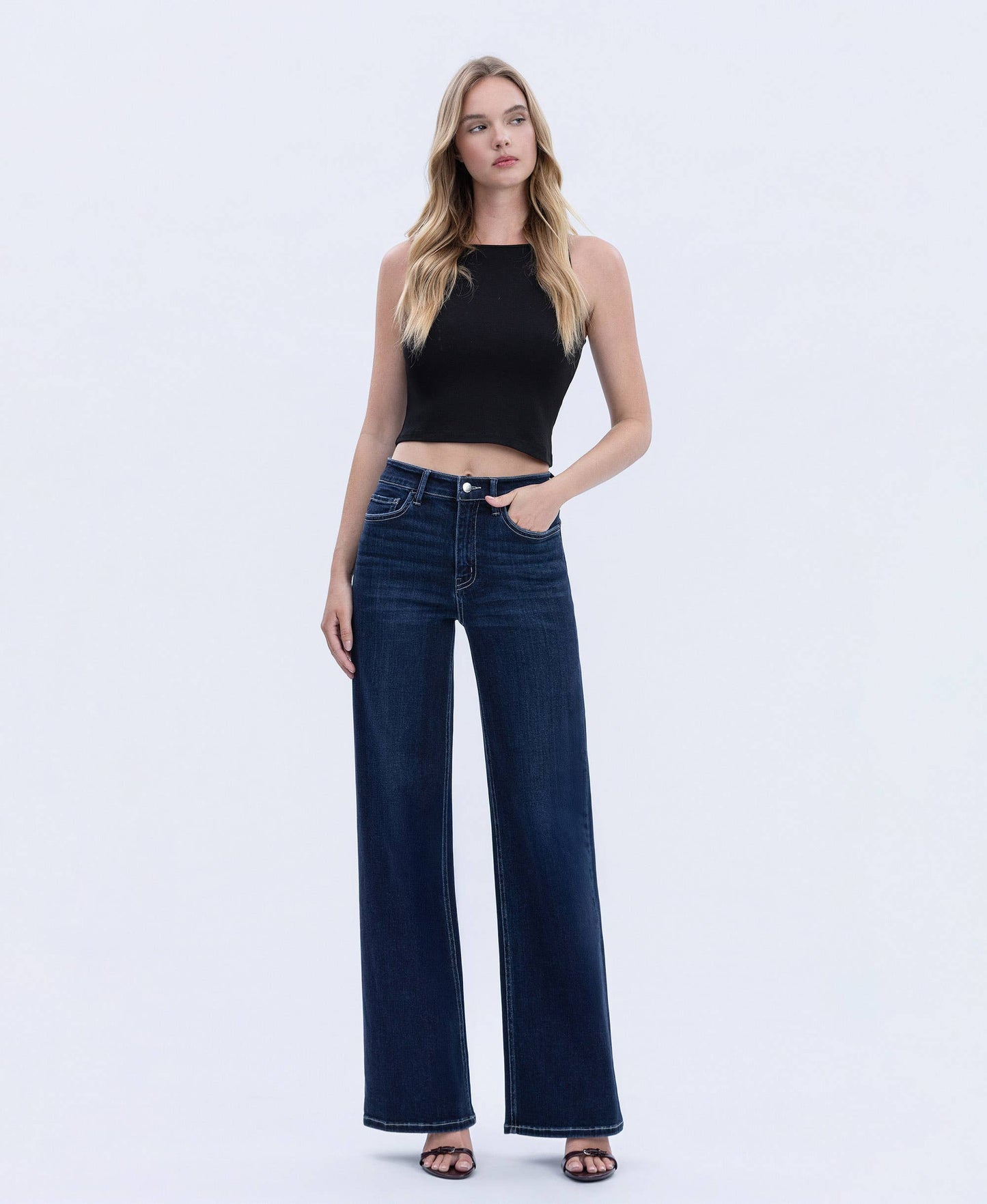HIGH RISE DARK WASH FULL LENGTH WIDE JEANS