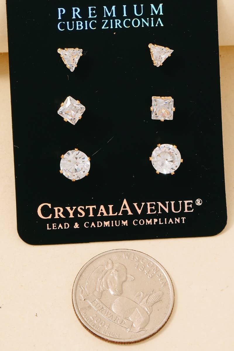 3Pc Mixed Cubic Zirconia Stud Earrings Set