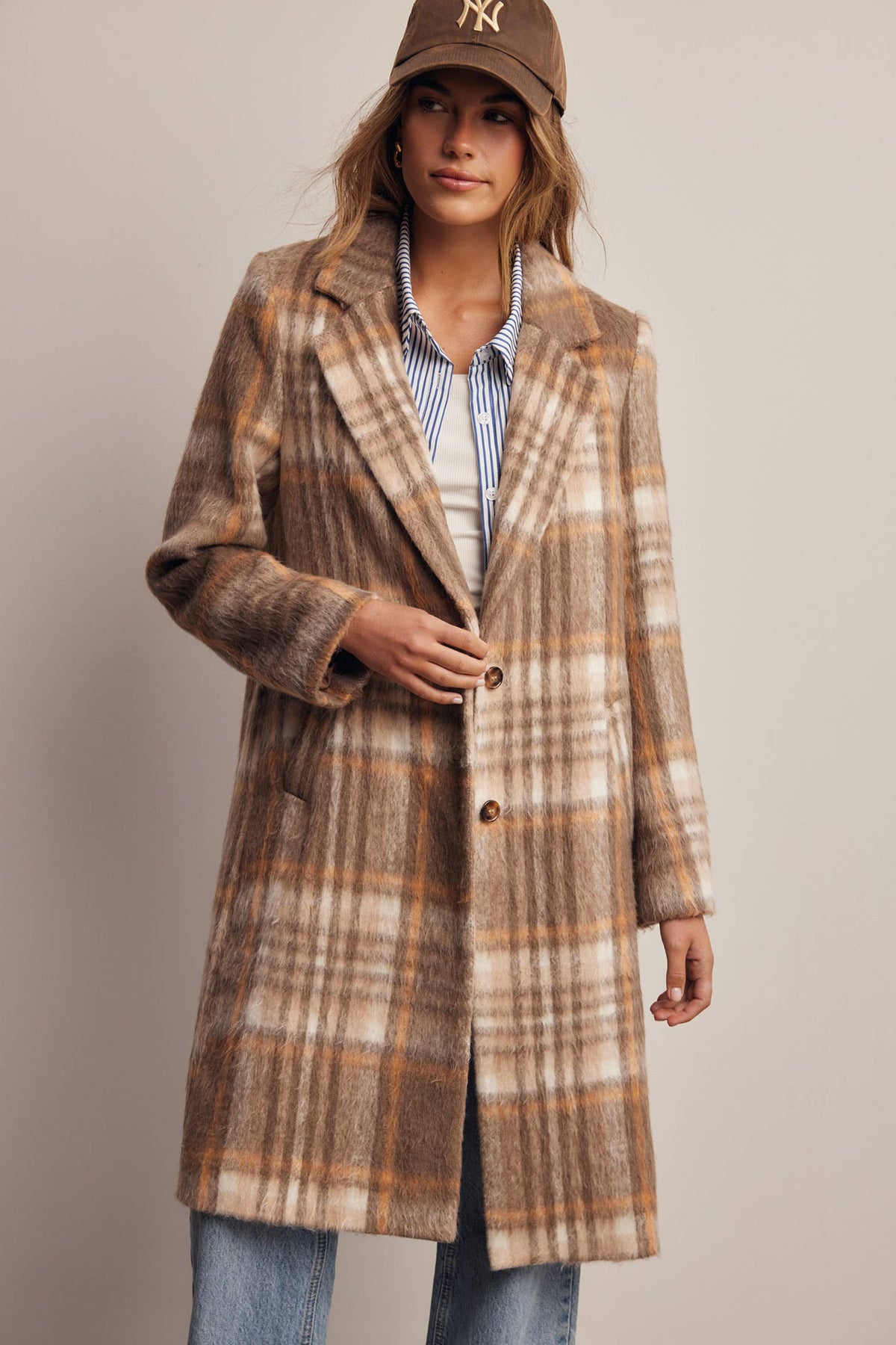 Plaid Brushed Long Coat