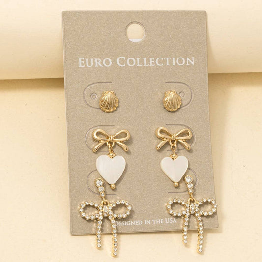 Seashell Heart And Ribbon Bow Stud Earrings Set