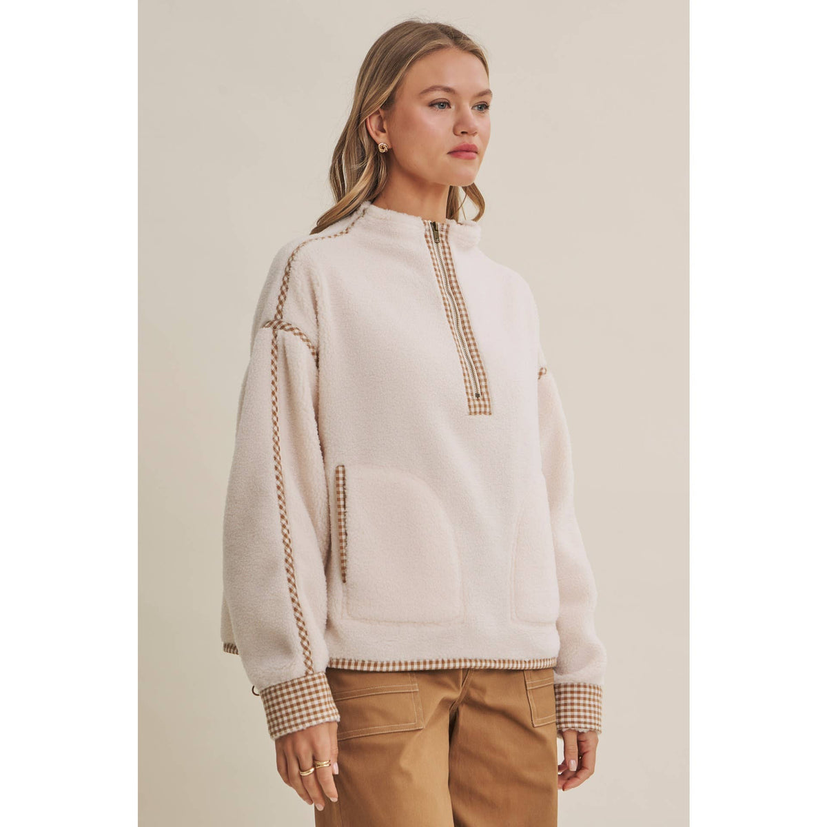 GINGHAM TRIM SHERPA FLEECE HALF-ZIP PULLOVER