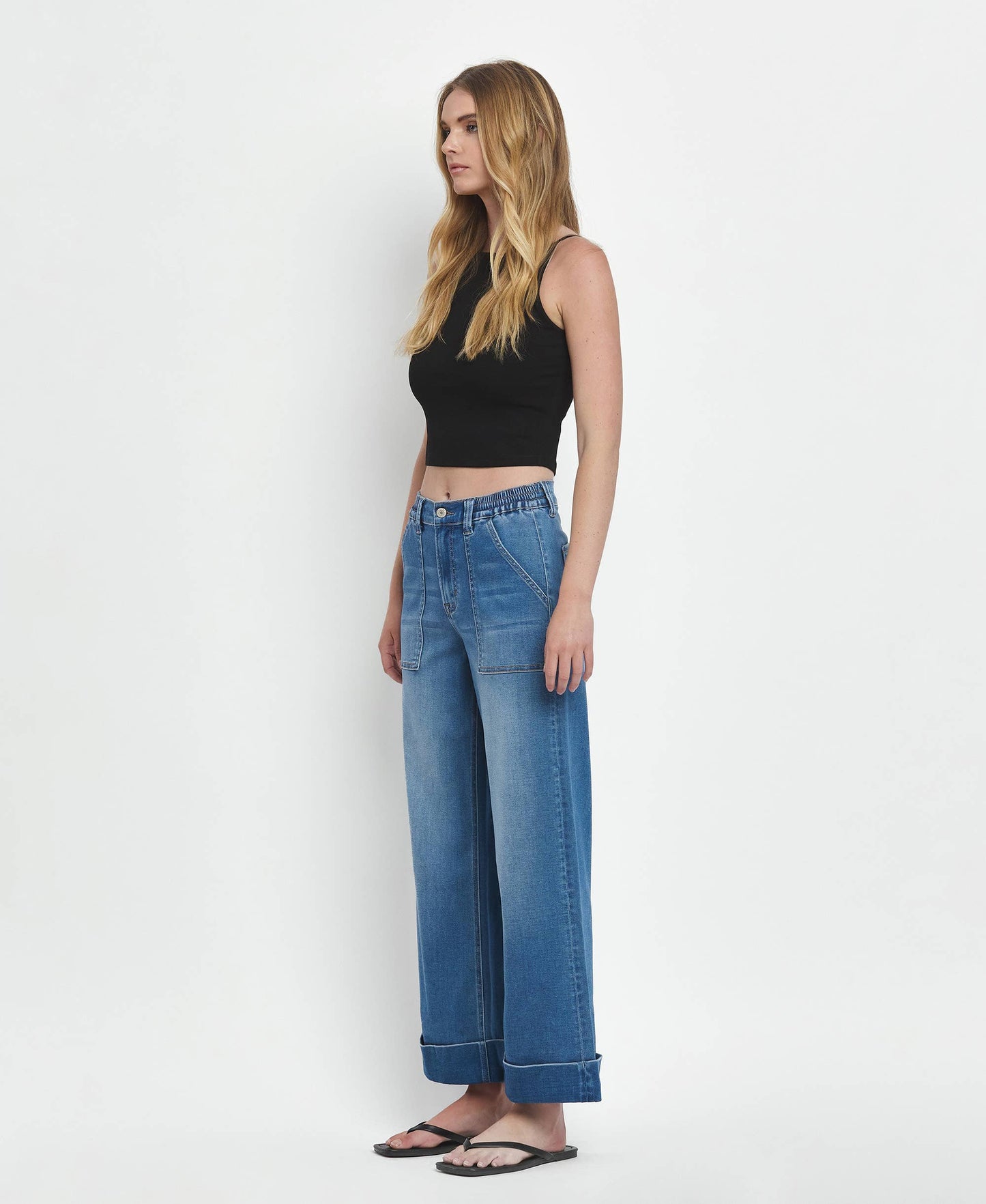 HIGH RISE DOUBLE CUFFED BAGGY WIDE JEANS