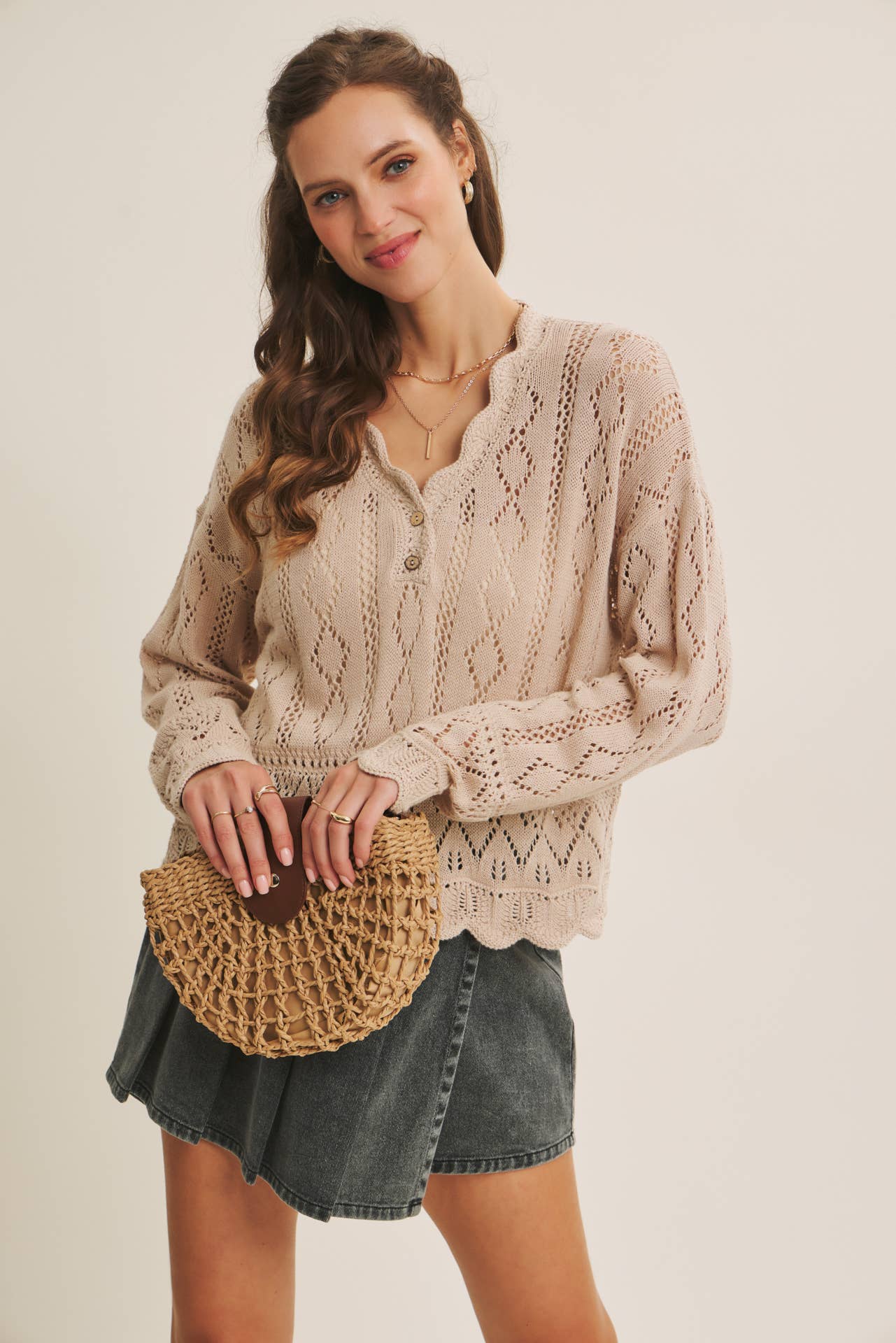 LAYERING VERSATILITY CROCHET SWEATER TOP WITH SCALLOP EDGES