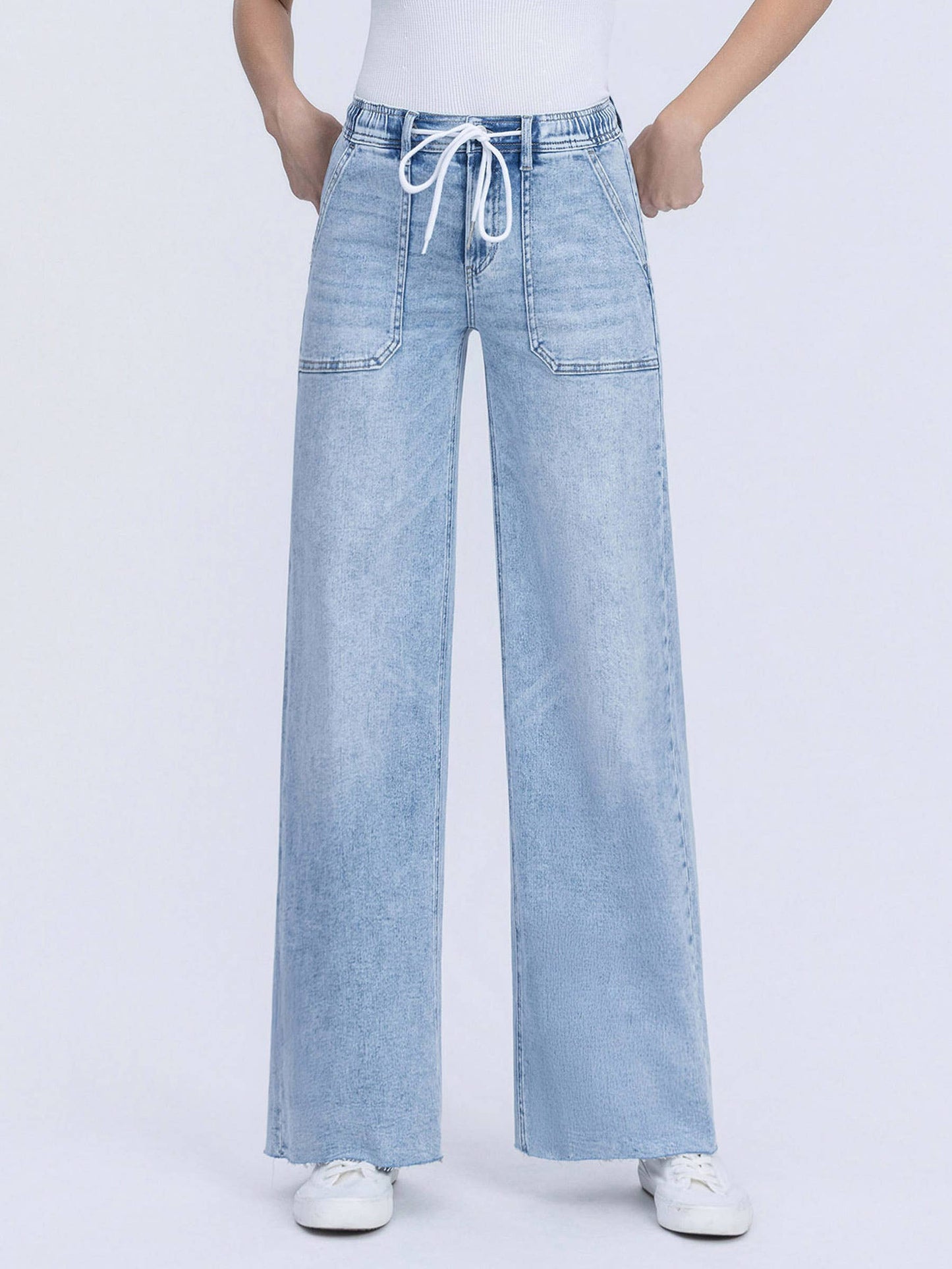 HIGH RISE DRAWSTRING WAISTBAND WIDE LEG JEANS F6065
