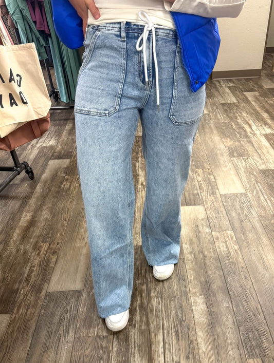 HIGH RISE DRAWSTRING WAISTBAND WIDE LEG JEANS