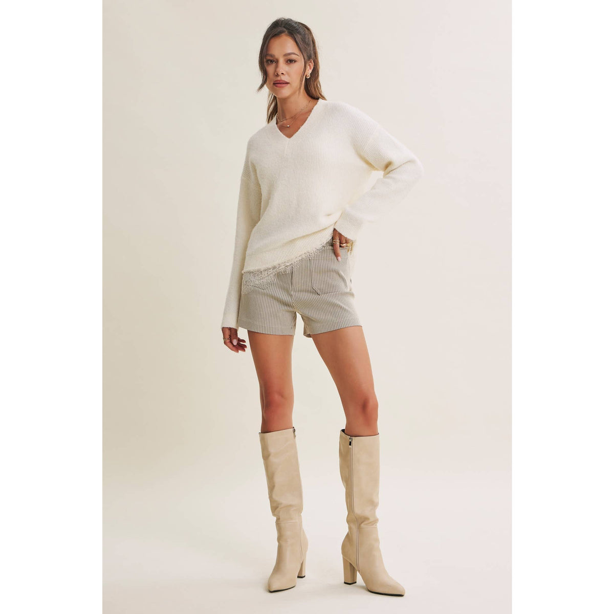 WINTER GARDEN EYELASH LACE TRIM BRUSHED SWEATER TOP