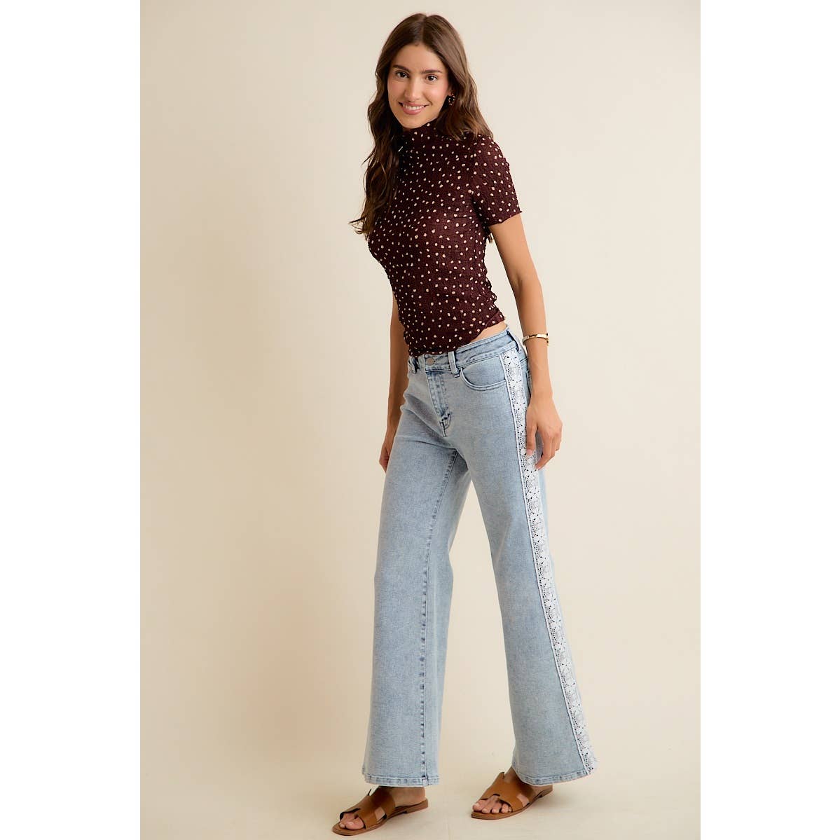 WIDE LEG FLARE DENIM JEANS WITH SIDE LACE TRIM