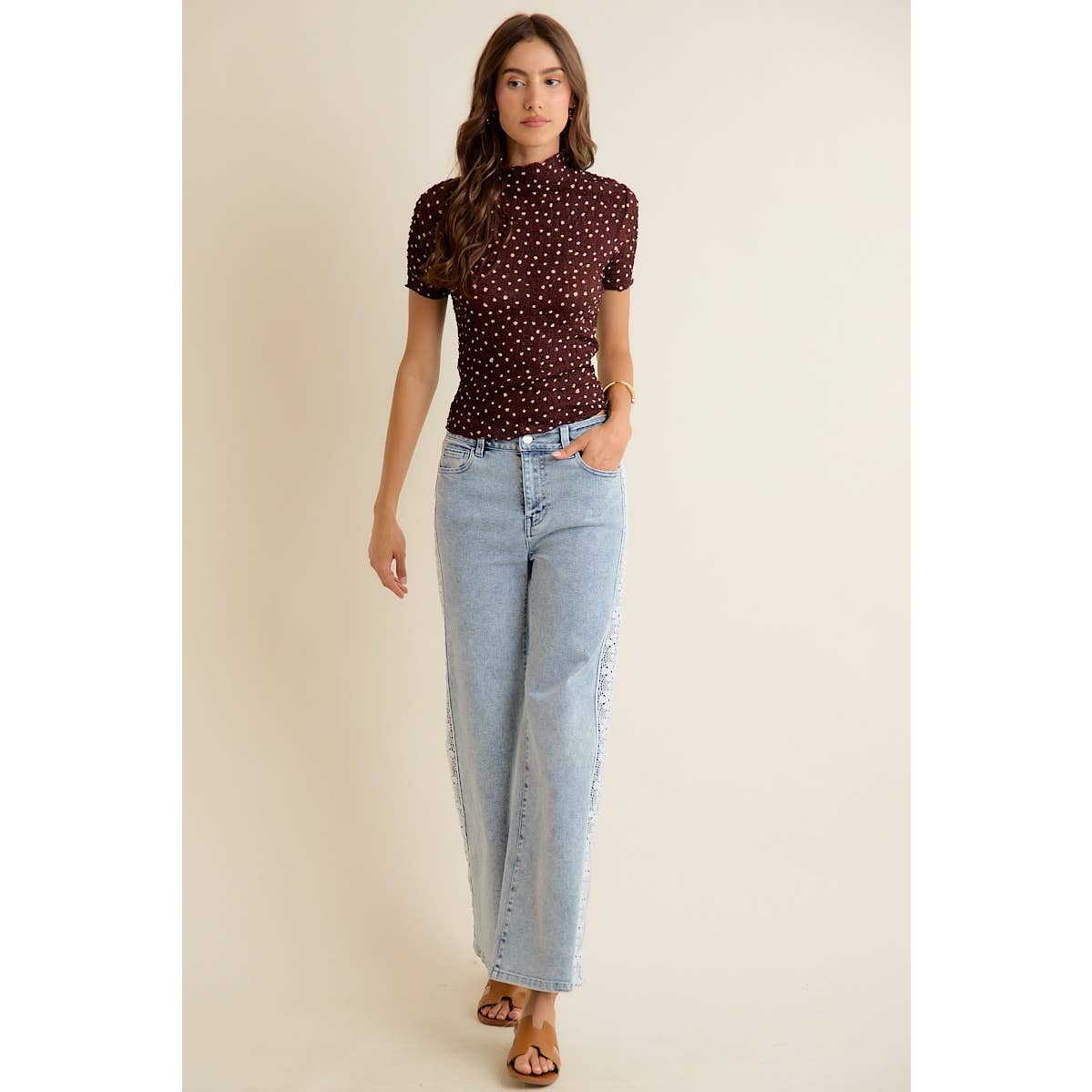 WIDE LEG FLARE DENIM JEANS WITH SIDE LACE TRIM