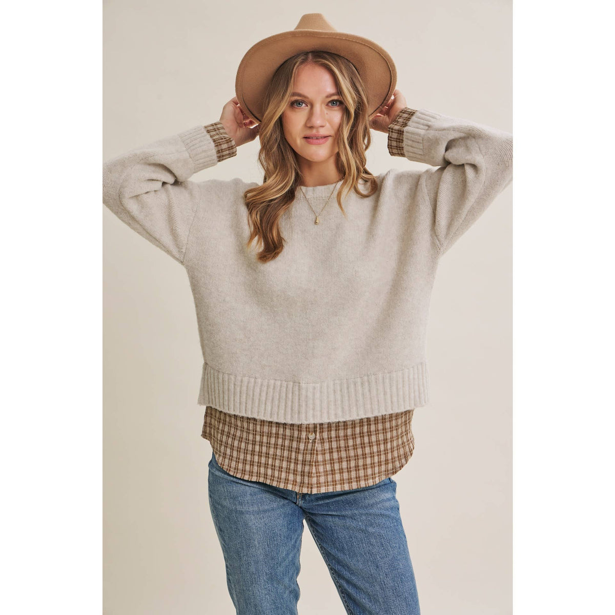 COUNTRY ROAD LAYERED PLAID HEM SWEATER TOP