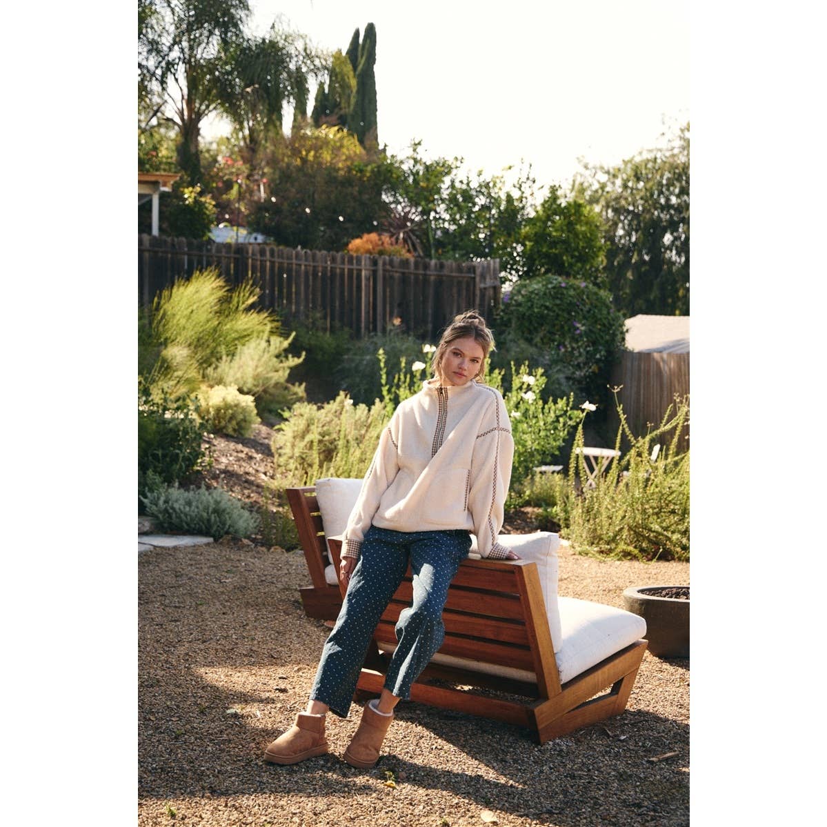 GINGHAM TRIM SHERPA FLEECE HALF-ZIP PULLOVER