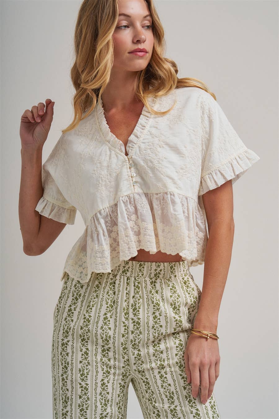 EMBROIDERED LACE PEPLUM BOHO BLOUSE TOP WITH RUFFLE DETAIL