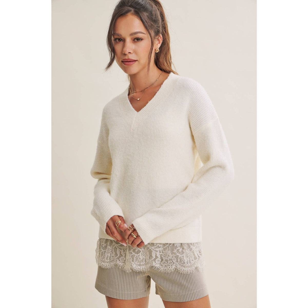 WINTER GARDEN EYELASH LACE TRIM BRUSHED SWEATER TOP