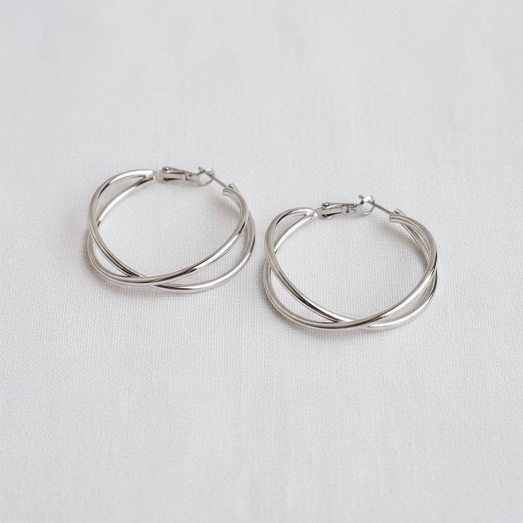 Geometric Cross Hoop Earrings in Gold and Silver