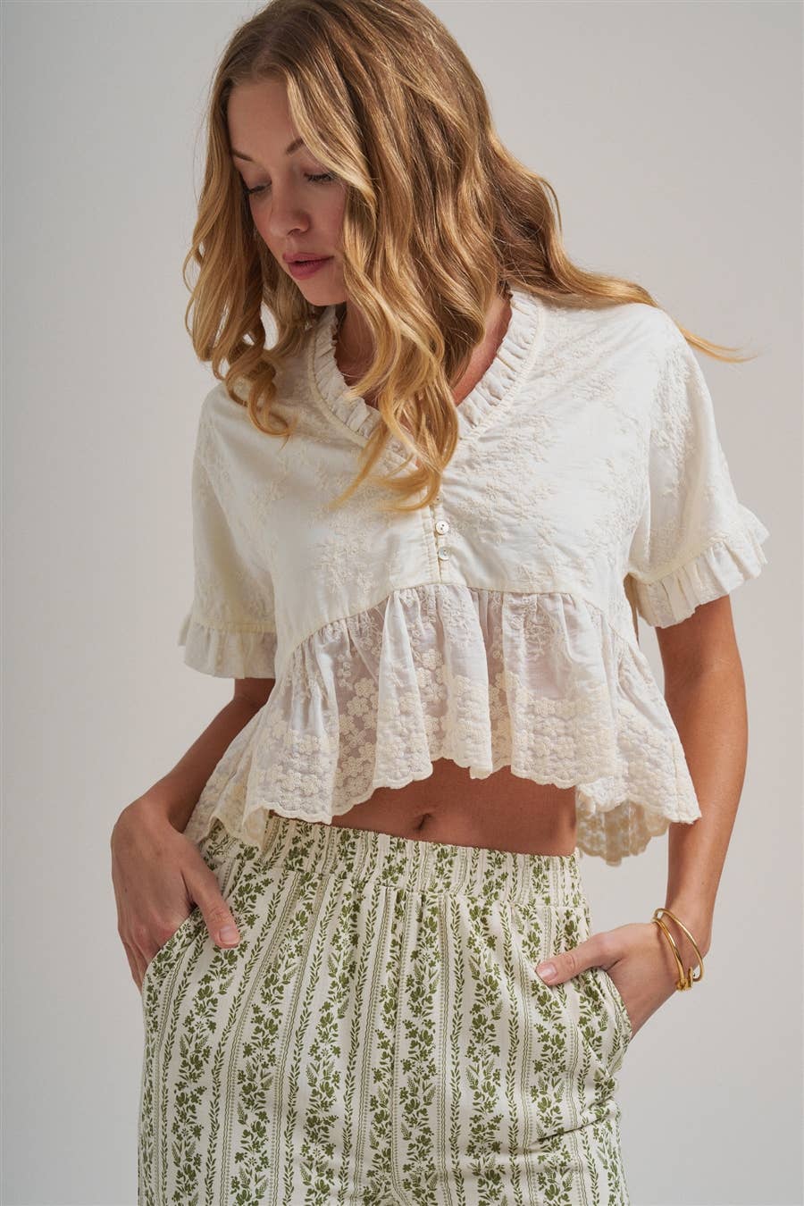 EMBROIDERED LACE PEPLUM BOHO BLOUSE TOP WITH RUFFLE DETAIL